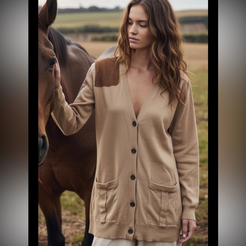 Ralph Lauren Equestrian Suede leather cardigan sweater southwestern tribal chunk